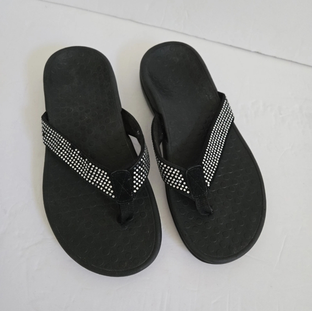 Vionic Rhinestone Tide Flip Flop Sandals Black Silver Size 7
